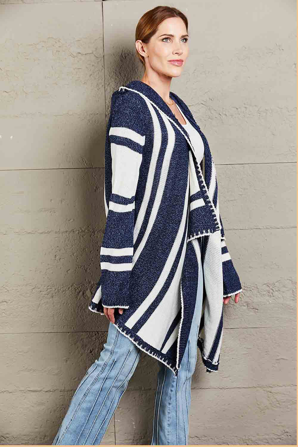 Striped Open Front Hooded Cardigan