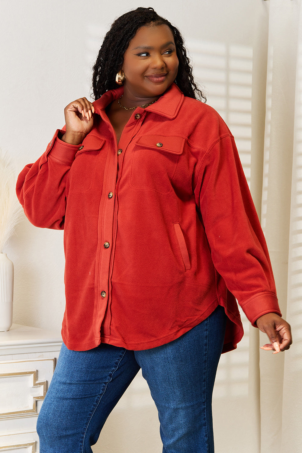 Red-Rust Casual Button Front Jacket