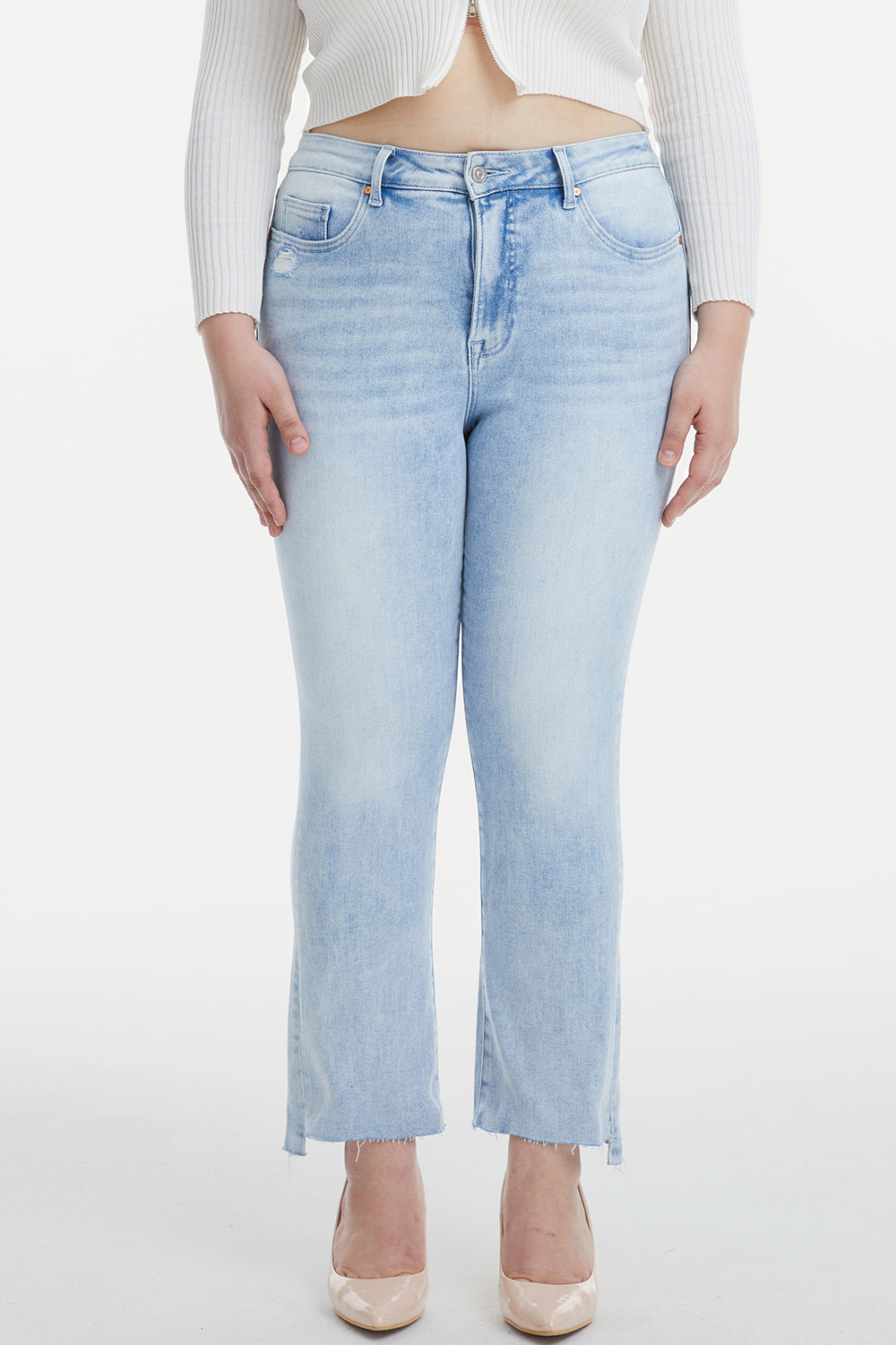 Light Wash High Waist Raw Hem Straight Jeans