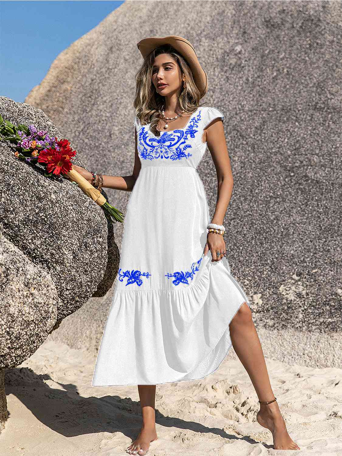 Embroidered Square Neck Midi Dress