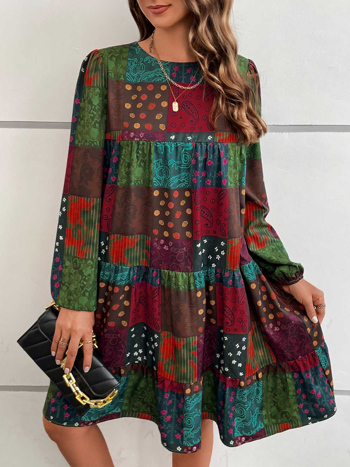 Patchwork Long Sleeve Mini Dress