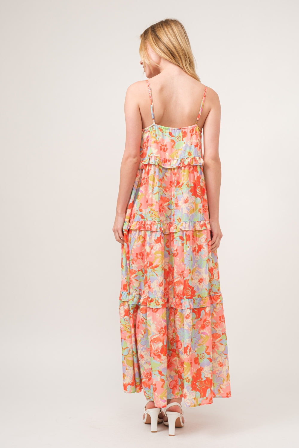 Coral Floral Ruffled Tiered Maxi Dress