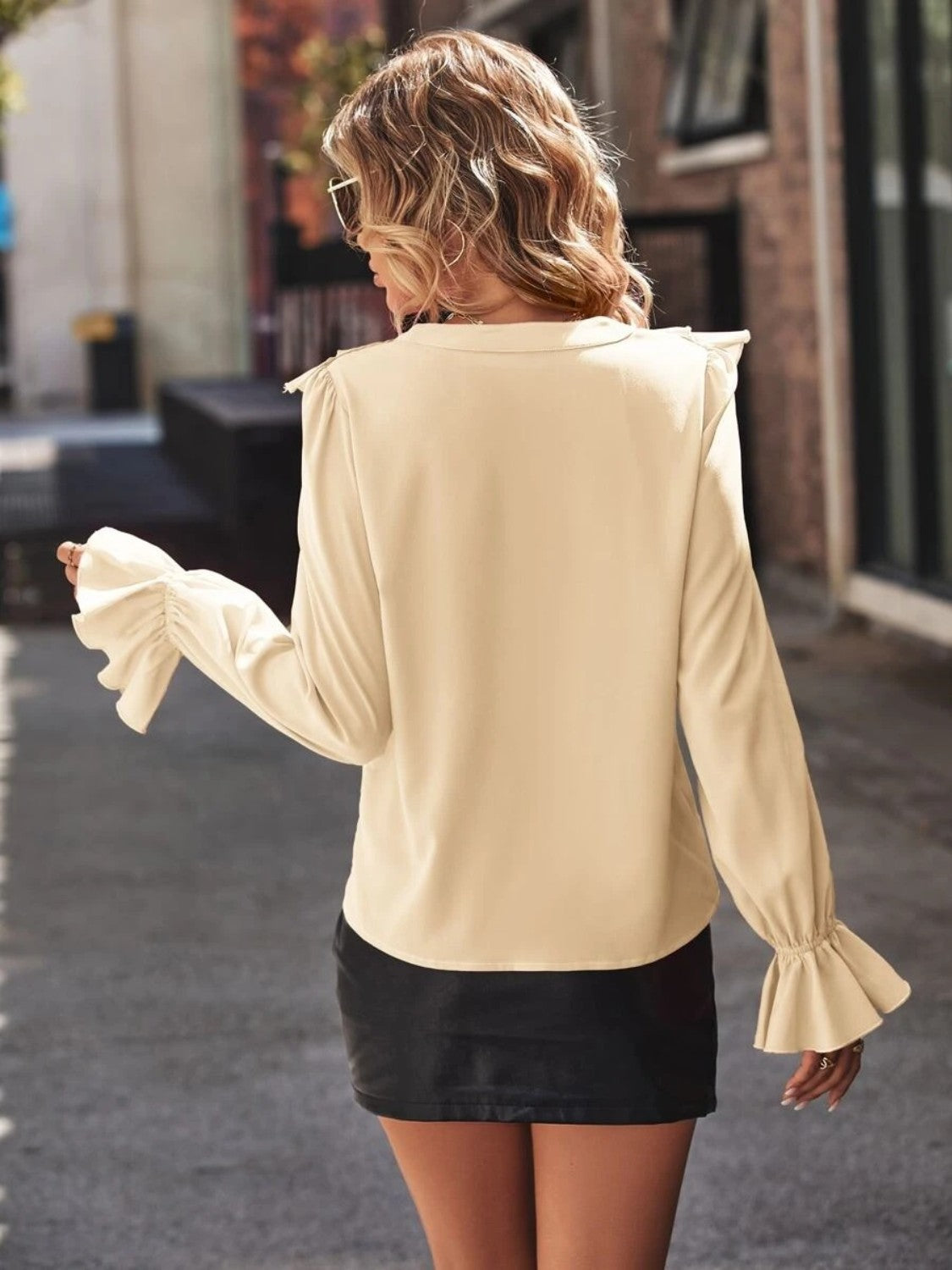 Ruffled V-Neck Flounce Sleeve Blouse