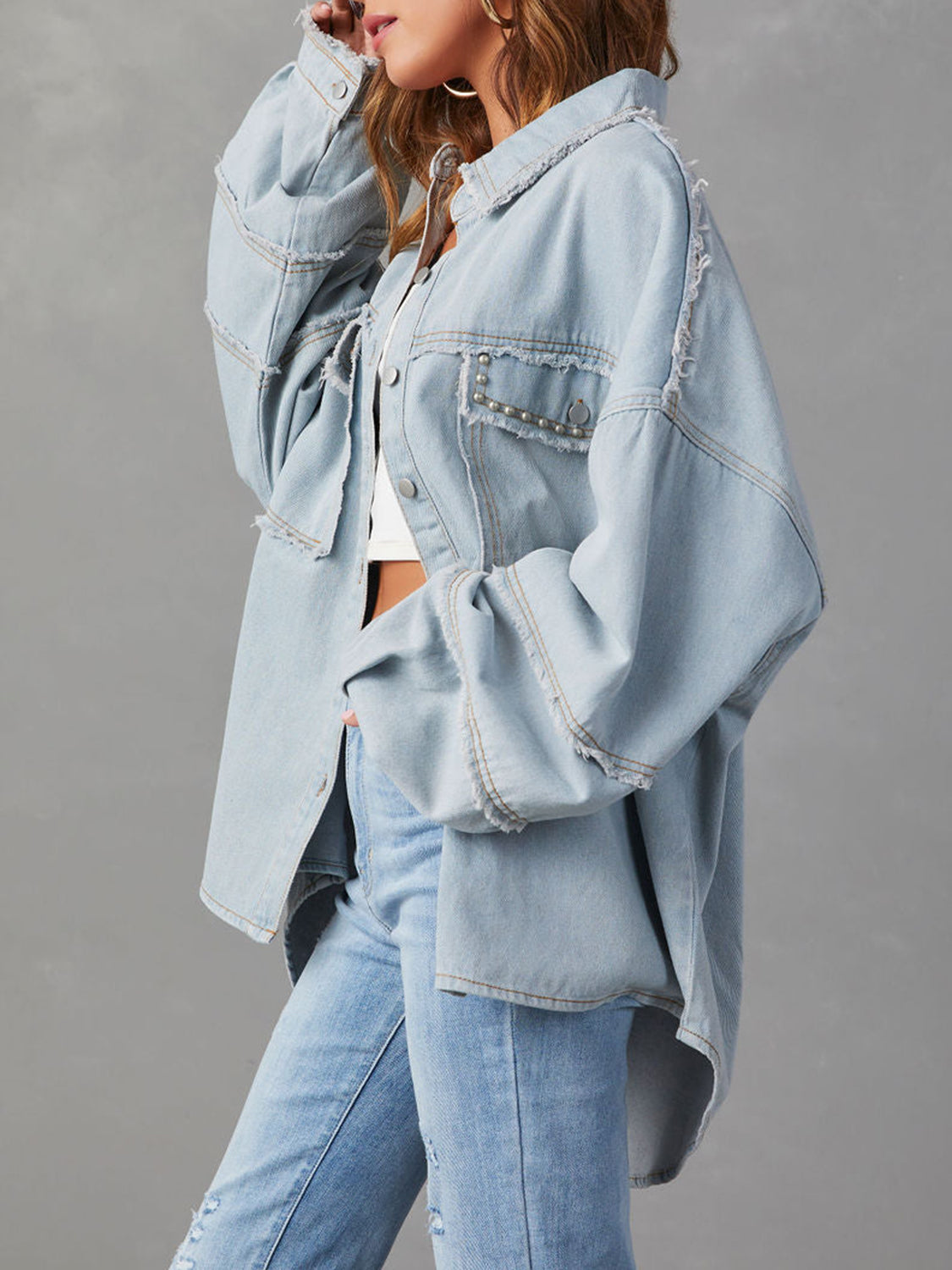 Studded Accent Raw Hem Denim Jacket