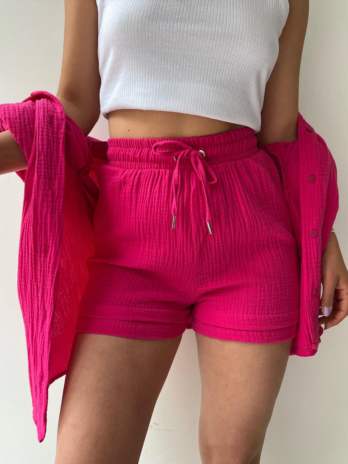 Textured Shirt and Drawstring Shorts Set