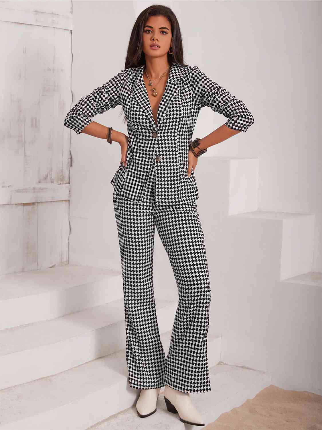 Micro Checkered Blazer & Slit Pants Set