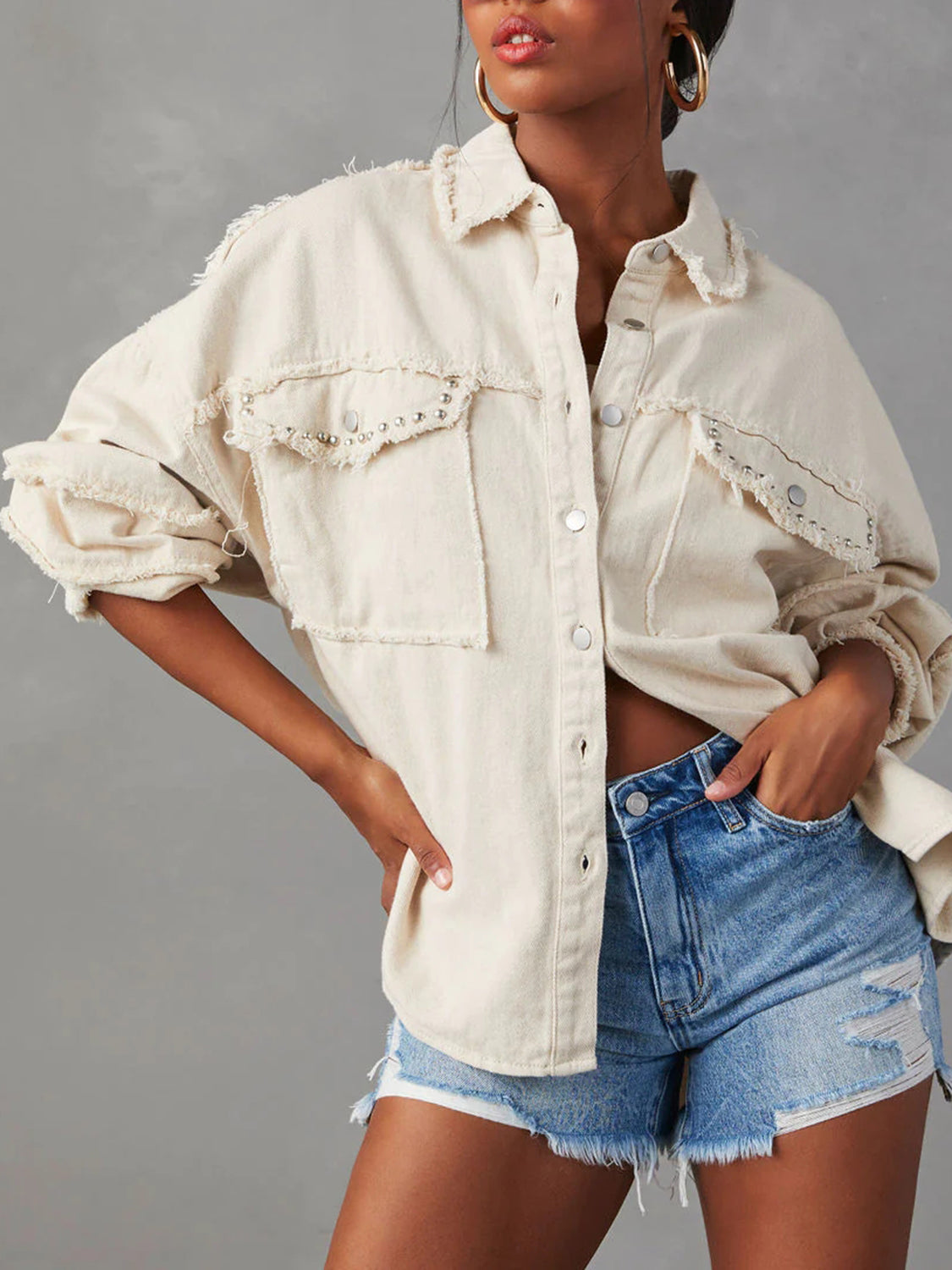 Studded Accent Raw Hem Denim Jacket