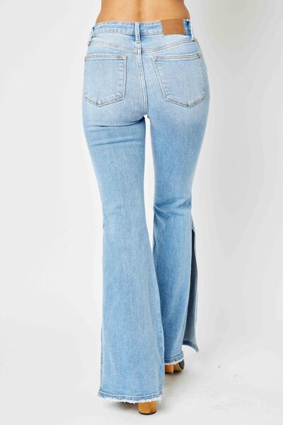 Mid Rise Raw Hem Slit Flare Jeans