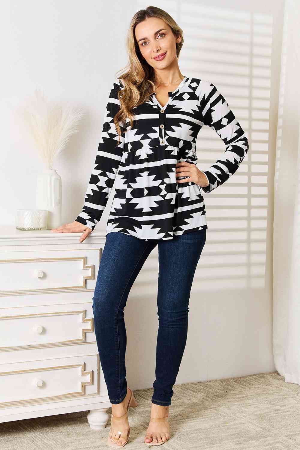 Black & White Notched Neck Long Sleeve Top