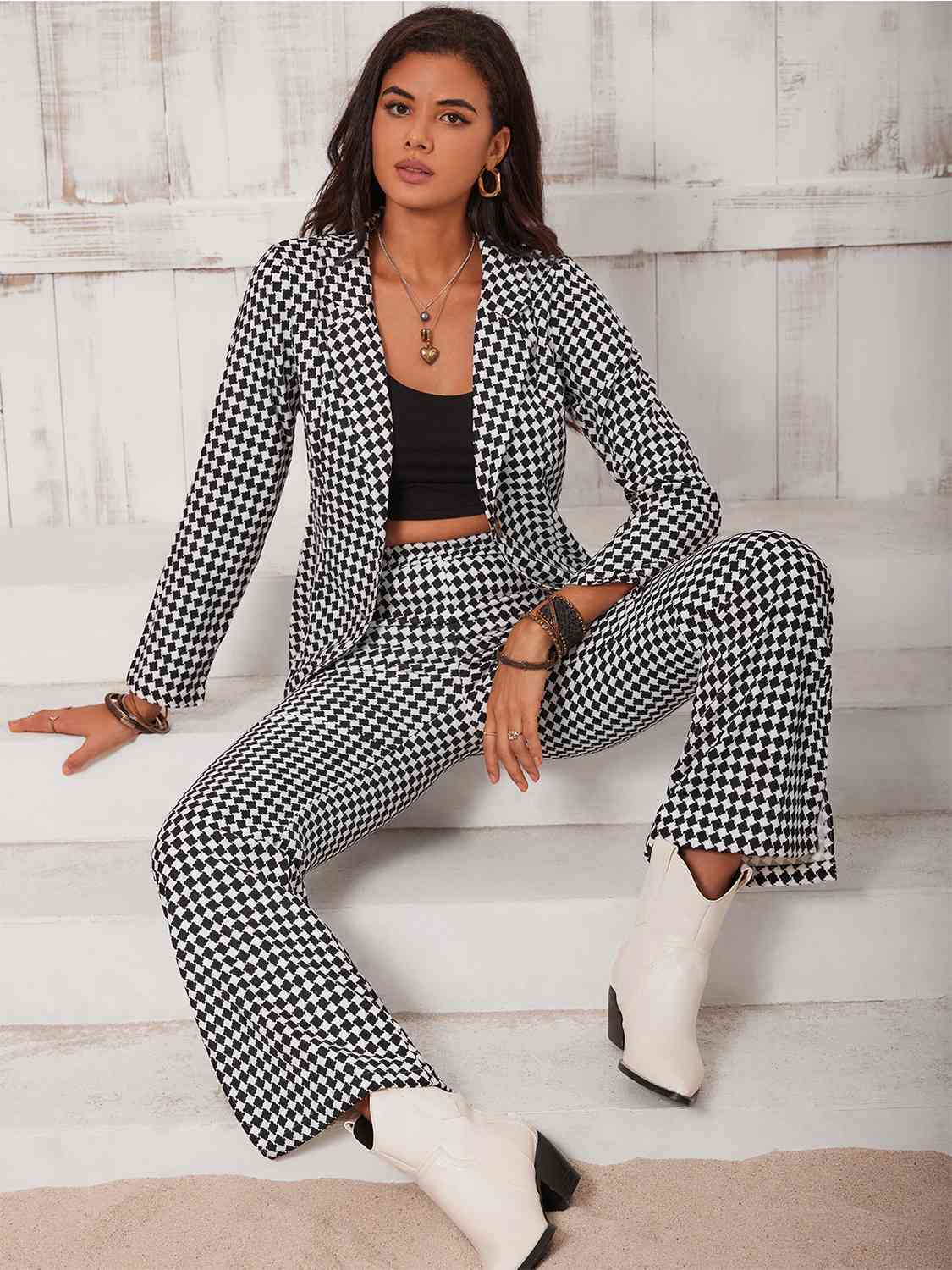 Micro Checkered Blazer & Slit Pants Set