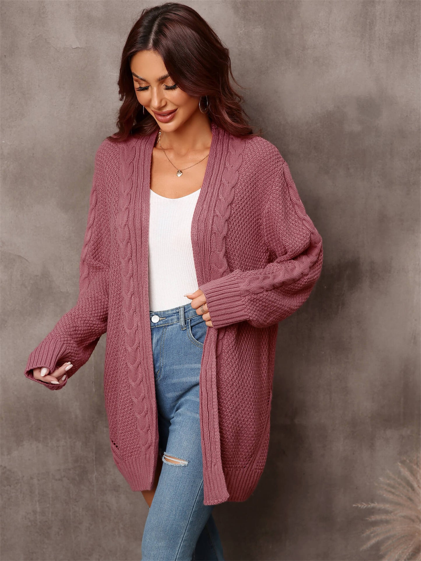 Solid Woven Knit Open Front Cardigan