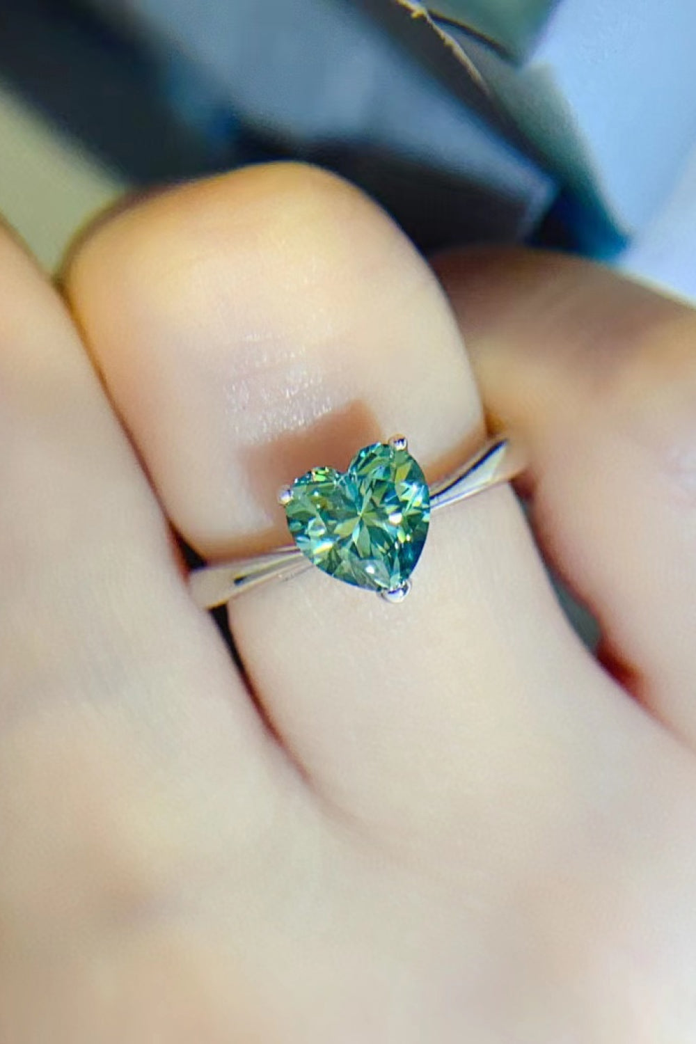 Green Moissanite Heart Sterling Silver Ring