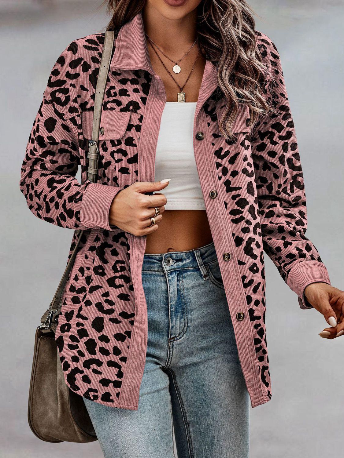 Leopard Print Corduroy Contrast Jacket