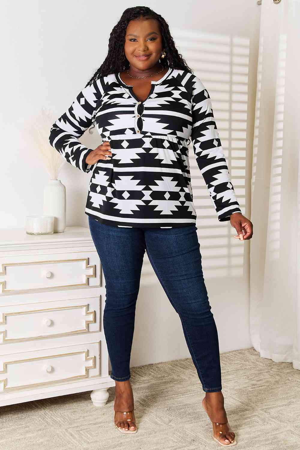 Black & White Notched Neck Long Sleeve Top