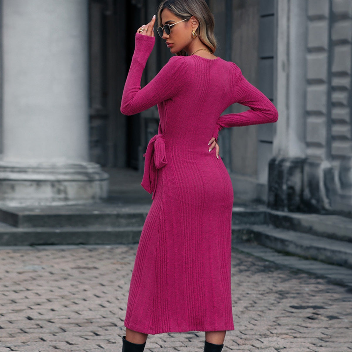 Ribbed-Knit Surplice Neck Tied Midi Dress