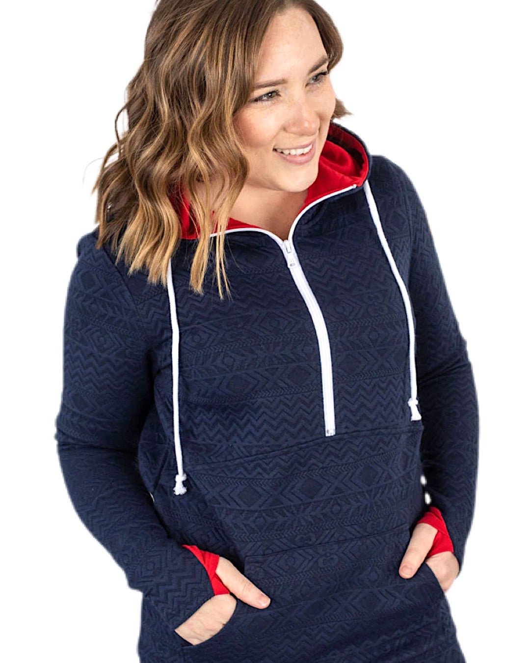 Aztec Embossed Print Half Zip Hoodie - Quelle's BoutiQue