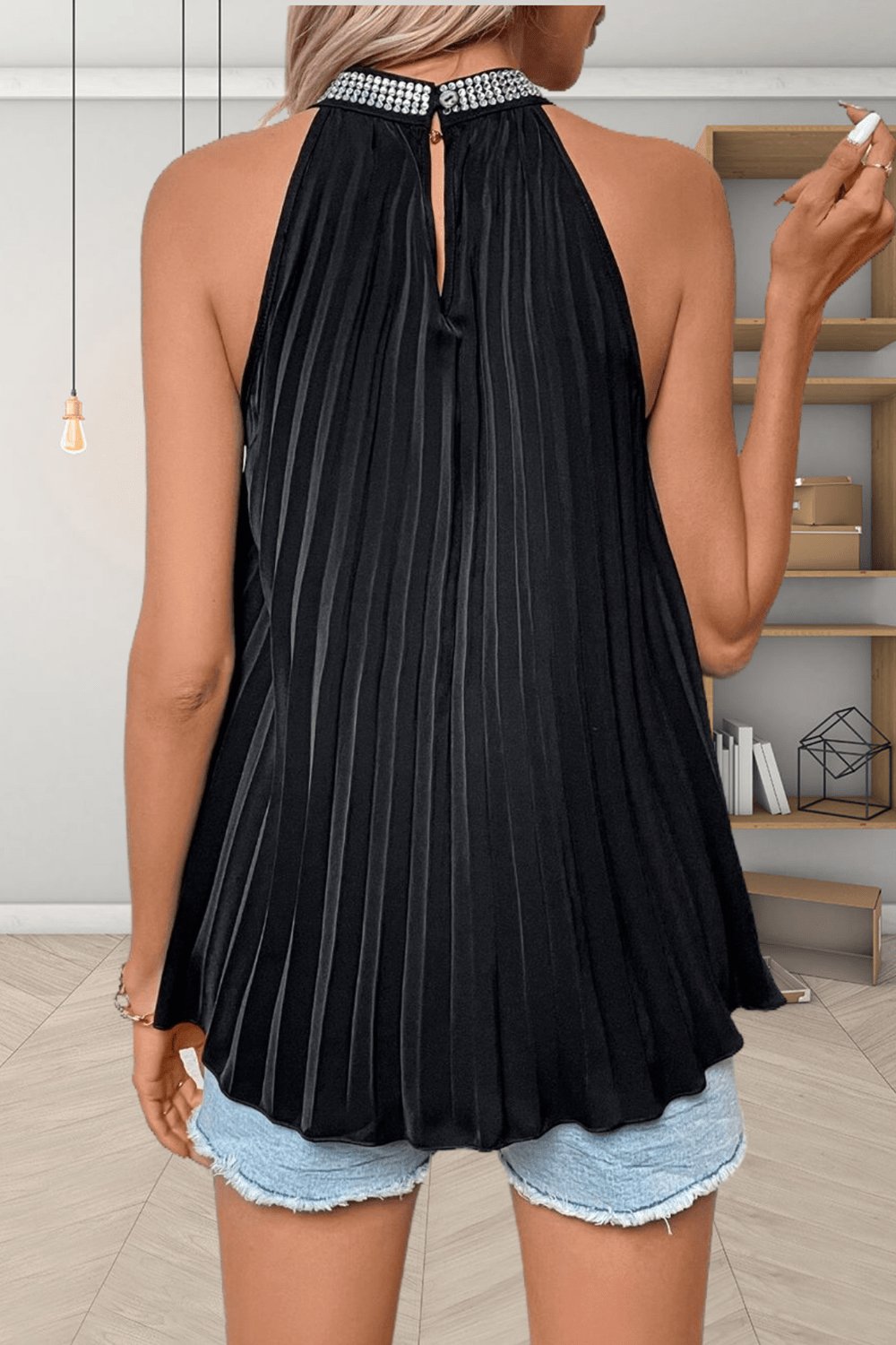 Black Halter Neck Sleeveless Pleated Top - Quelle's BoutiQue