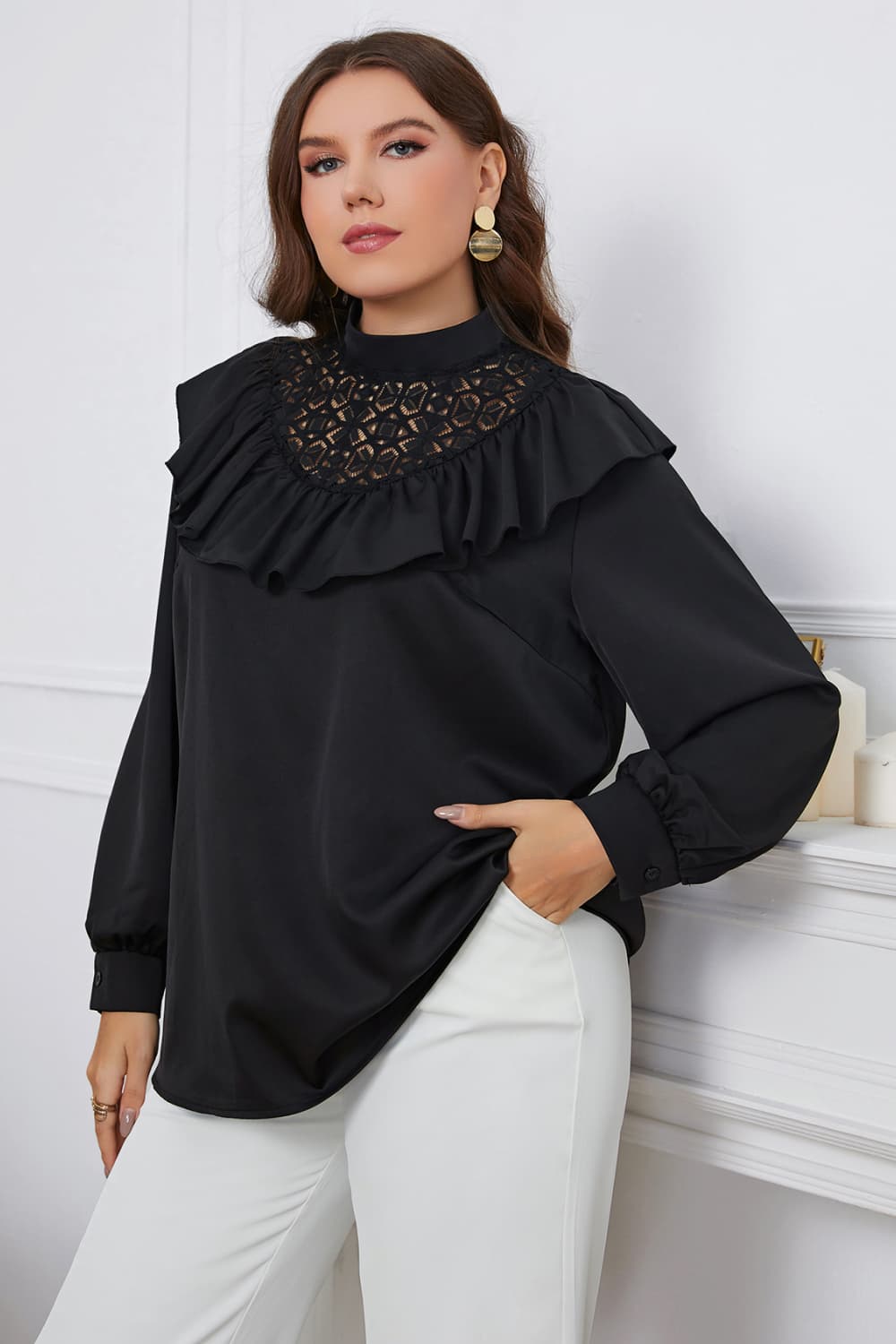 Black Ruffle Trim Mock Neck Blouse - Quelle's BoutiQue