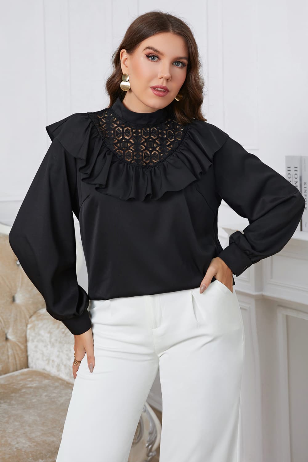 Black Ruffle Trim Mock Neck Blouse - Quelle's BoutiQue