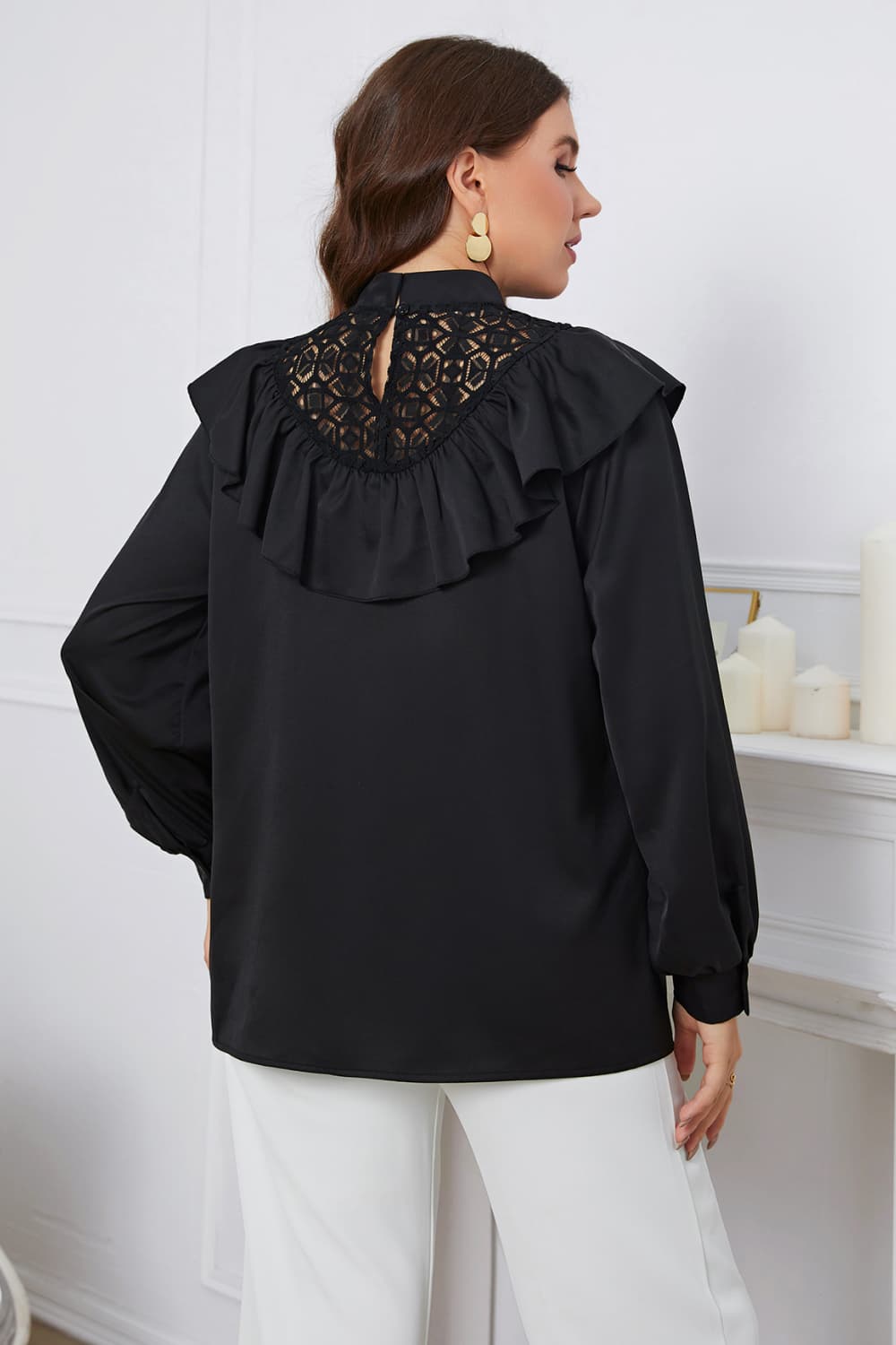 Black Ruffle Trim Mock Neck Blouse - Quelle's BoutiQue