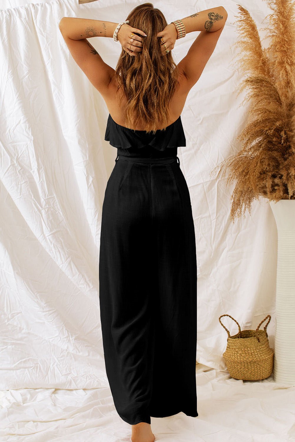 Black Ruffled Strapless Wide Leg Jumpsuit - Quelle's BoutiQue