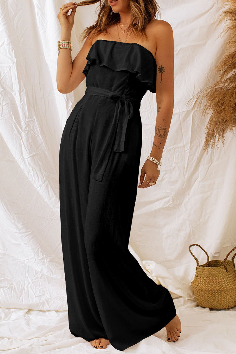 Black Ruffled Strapless Wide Leg Jumpsuit - Quelle's BoutiQue