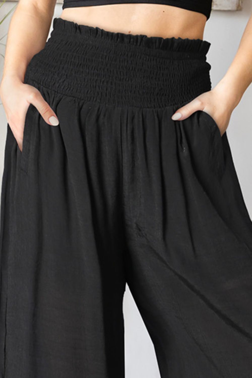 Black Smocked Waist Wide Leg Pants - Quelle's BoutiQue