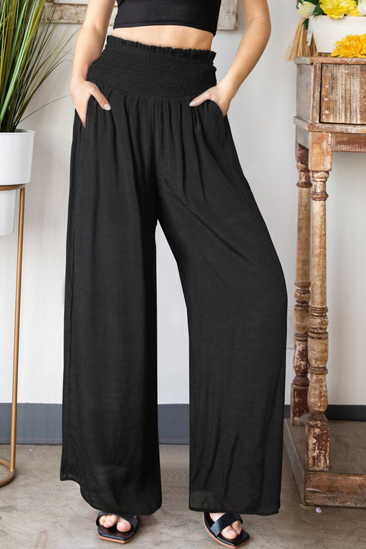 Black Smocked Waist Wide Leg Pants - Quelle's BoutiQue