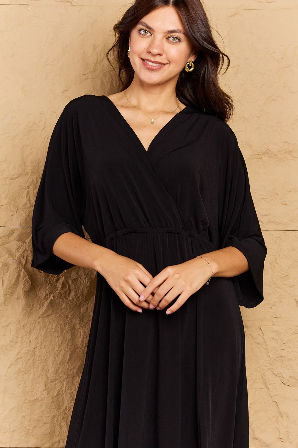 Black Surplice Midi Dress - Quelle's BoutiQue