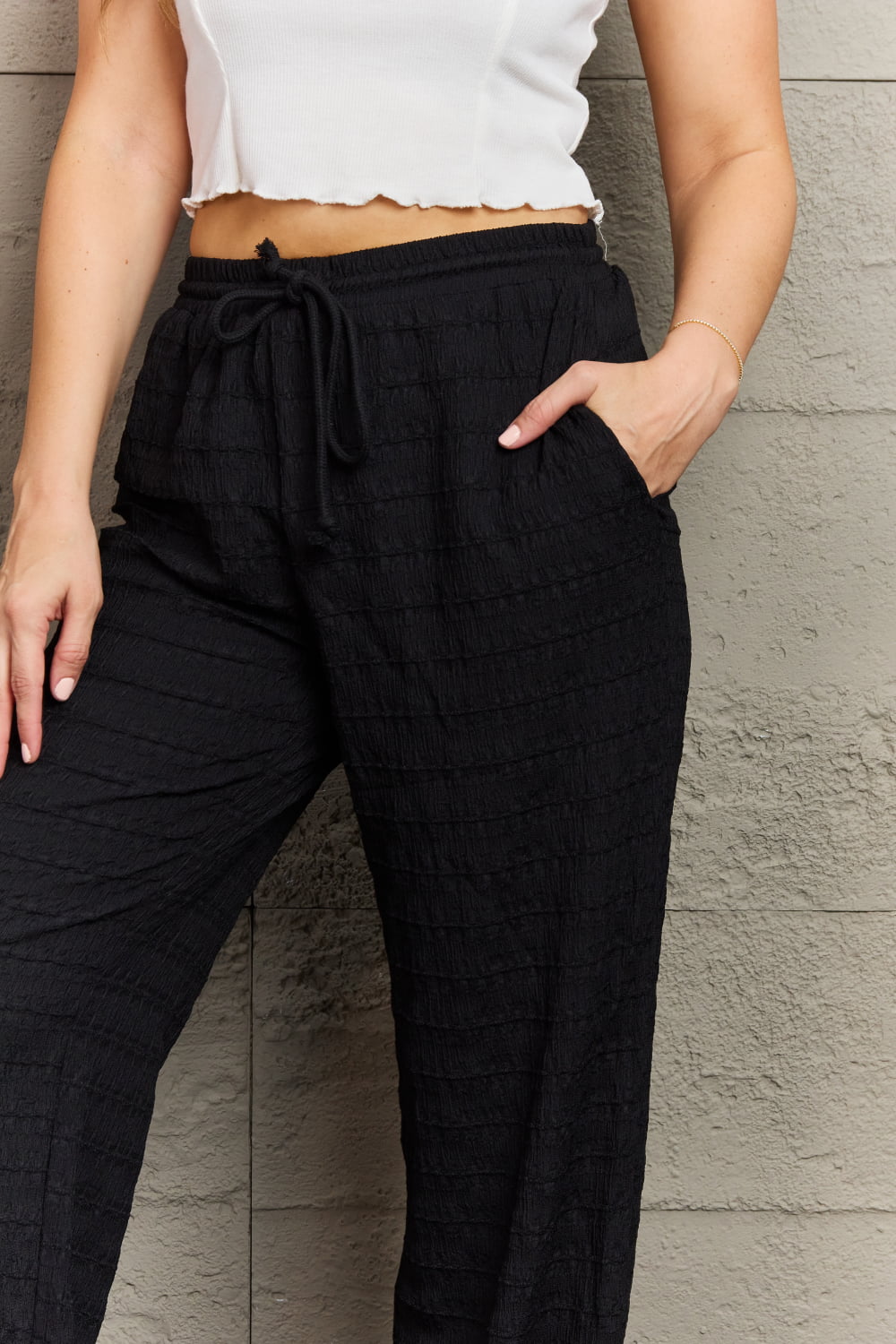 Black Textured Drawstring Waist Pants - Quelle's BoutiQue