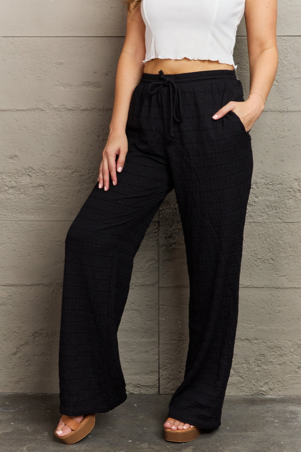 Black Textured Drawstring Waist Pants - Quelle's BoutiQue