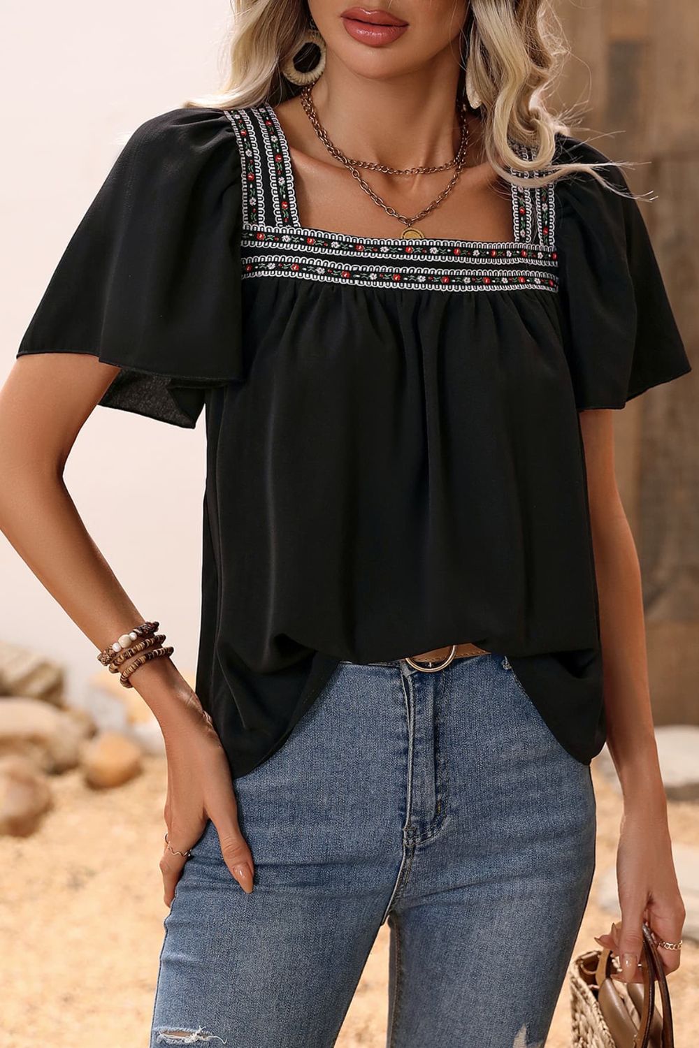 Embroidered Square Neck Black Blouse - Quelle's BoutiQue