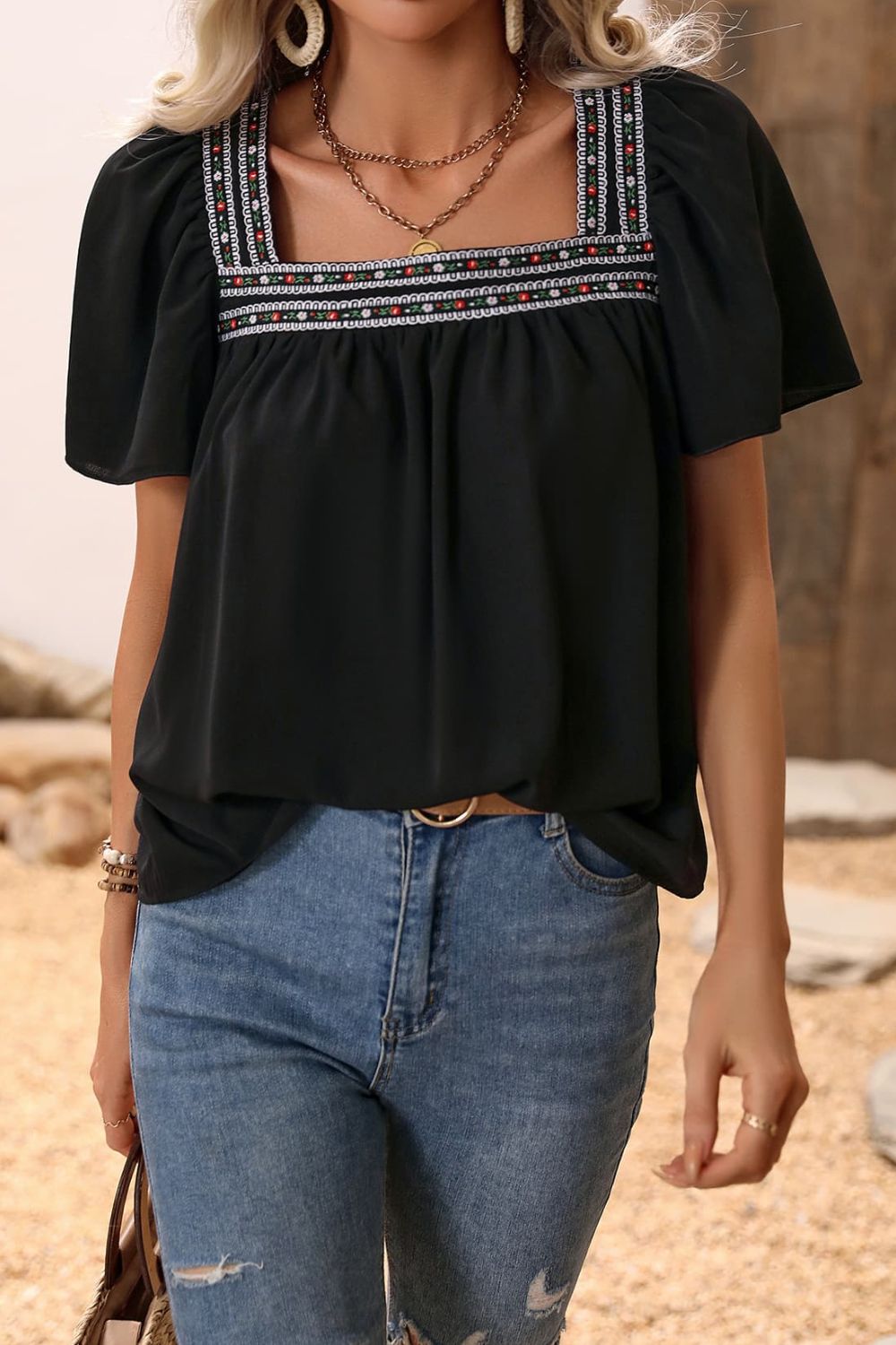 Embroidered Square Neck Black Blouse - Quelle's BoutiQue