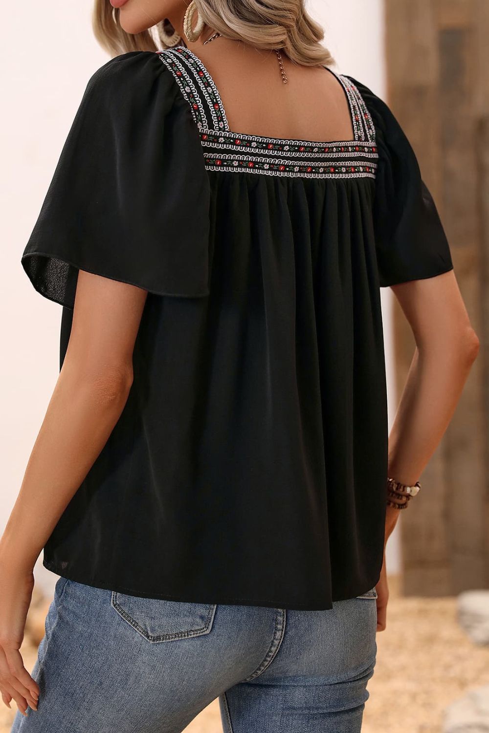 Embroidered Square Neck Black Blouse - Quelle's BoutiQue