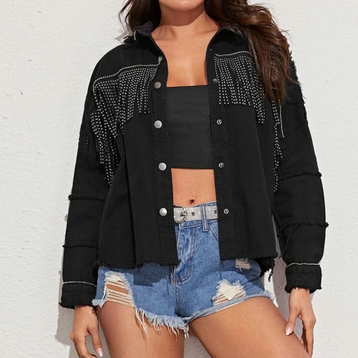 Fringe Detail Black Denim Jacket - Quelle's BoutiQue