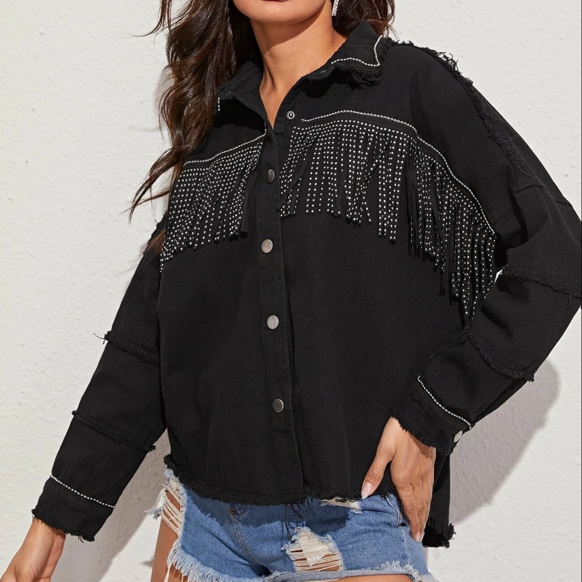 Fringe Detail Black Denim Jacket - Quelle's BoutiQue