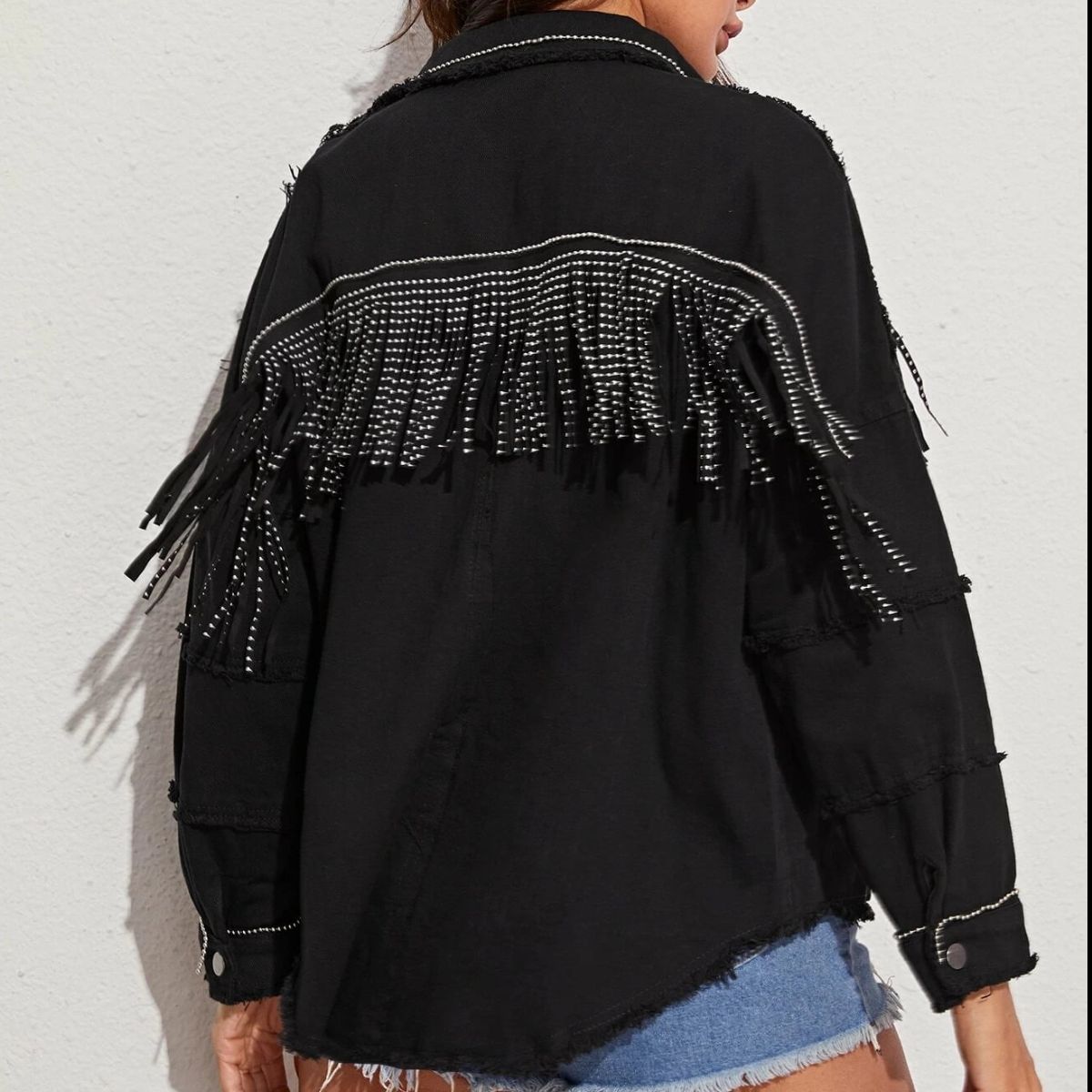 Fringe Detail Black Denim Jacket - Quelle's BoutiQue