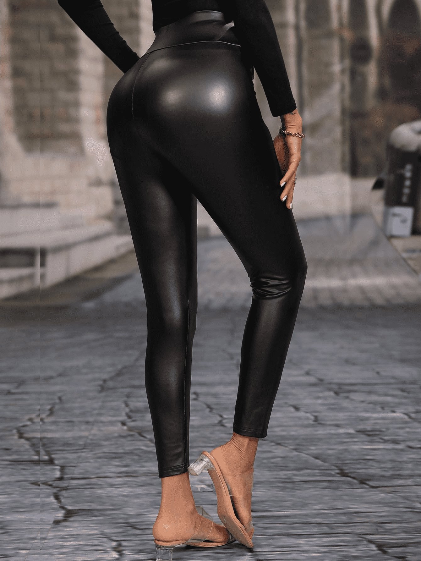 High Waistband Faux Leather Black Leggings - Quelle's BoutiQue