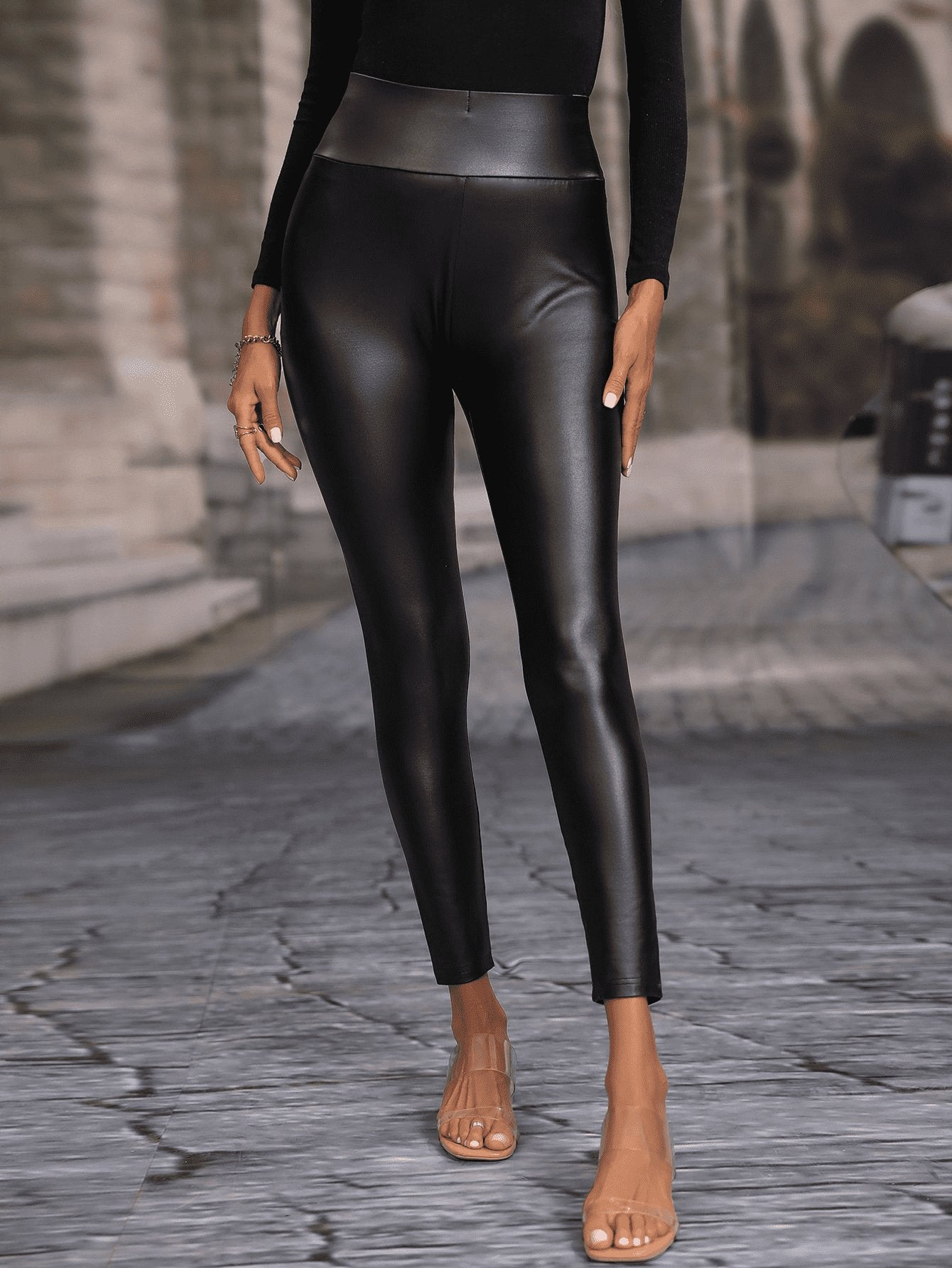 High Waistband Faux Leather Black Leggings - Quelle's BoutiQue