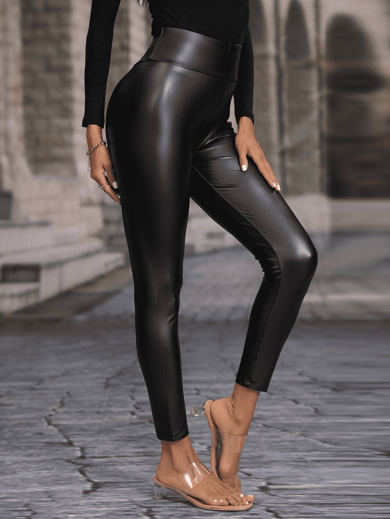 High Waistband Faux Leather Black Leggings - Quelle's BoutiQue