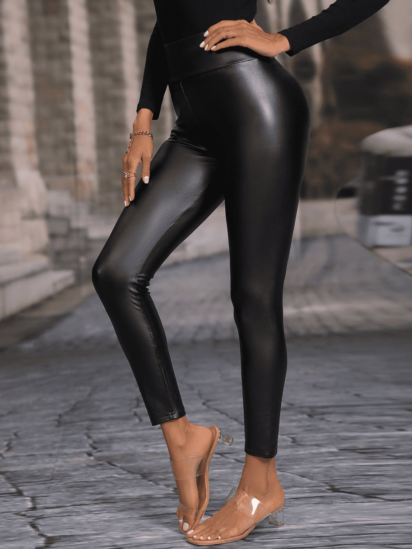 High Waistband Faux Leather Black Leggings - Quelle's BoutiQue