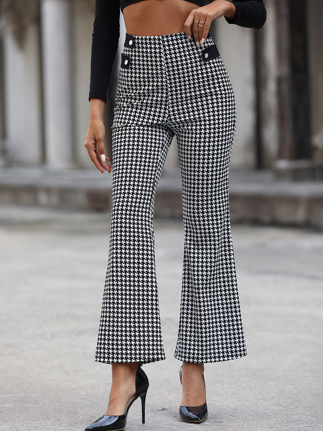 Houndstooth High Waist Flare Pants - Quelle's BoutiQue