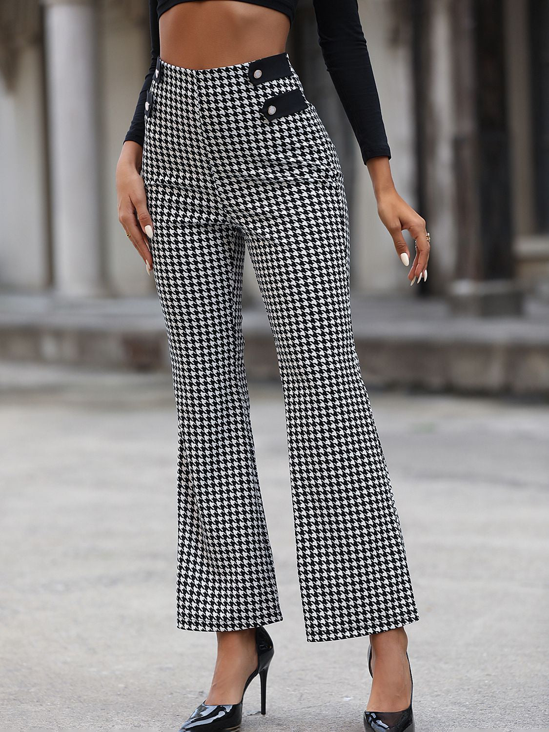 Houndstooth High Waist Flare Pants - Quelle's BoutiQue