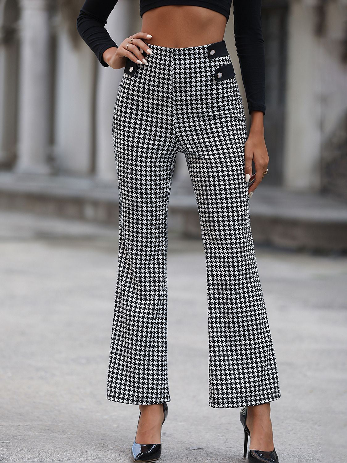 Houndstooth High Waist Flare Pants - Quelle's BoutiQue