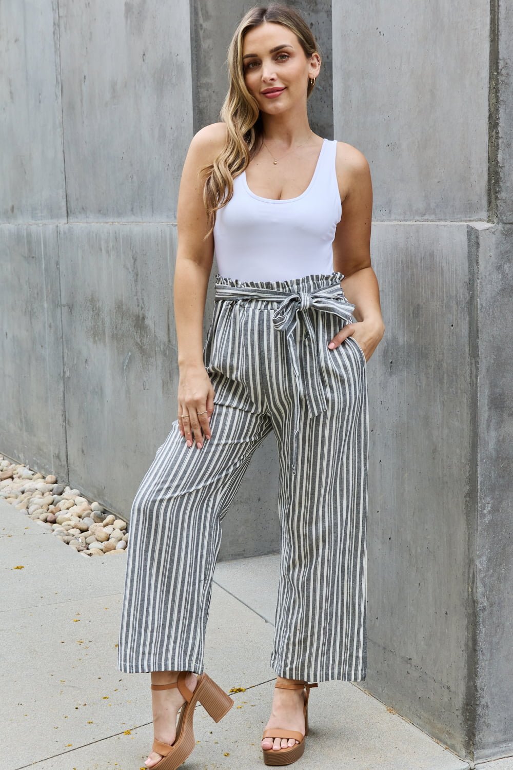 Linen Paperbag Waist Striped Culotte Pants - Quelle's BoutiQue