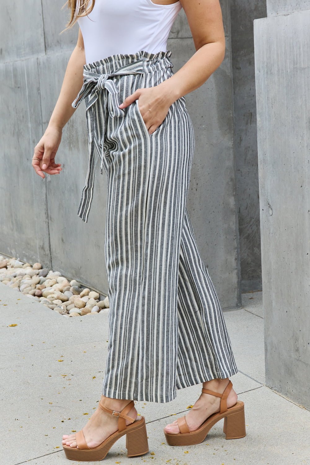 Linen Paperbag Waist Striped Culotte Pants - Quelle's BoutiQue