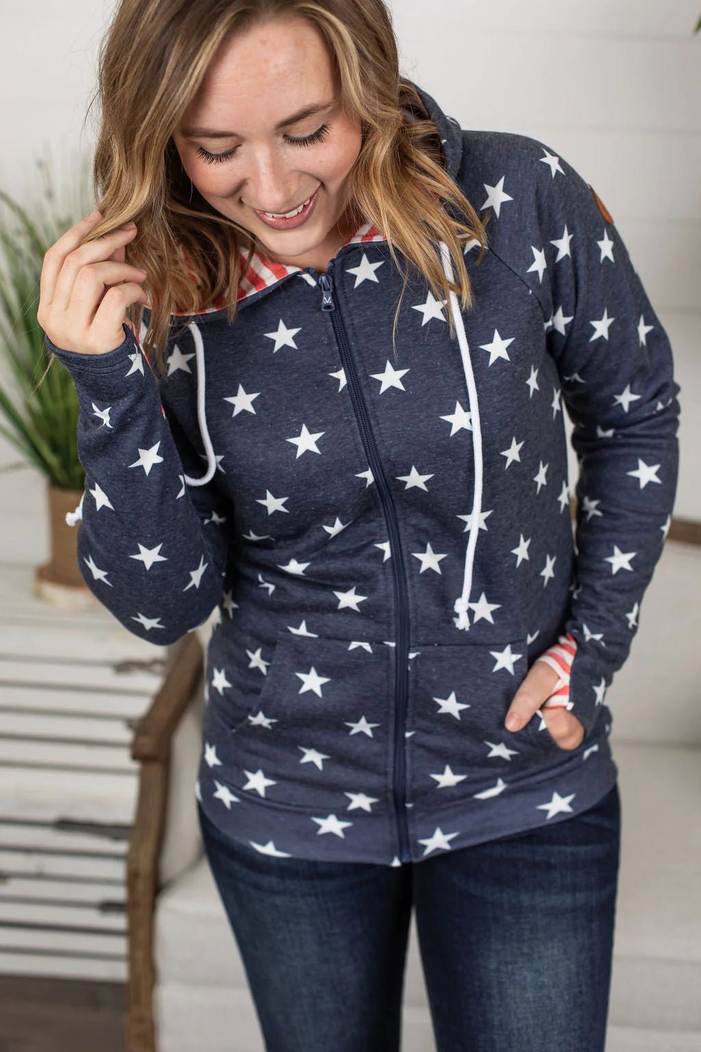 Navy Star Print Hooded Jacket - Quelle's BoutiQue