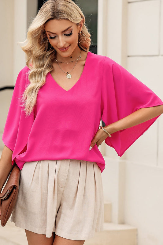 Pink V-Neck Cloak Sleeve Blouse - Quelle's BoutiQue