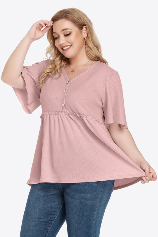 V-Neck Frill Trim Babydoll Blouse - Quelle's BoutiQue