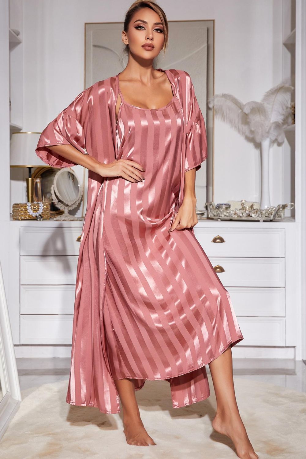 Striped Robe and Gown Set - Quelle's BoutiQue